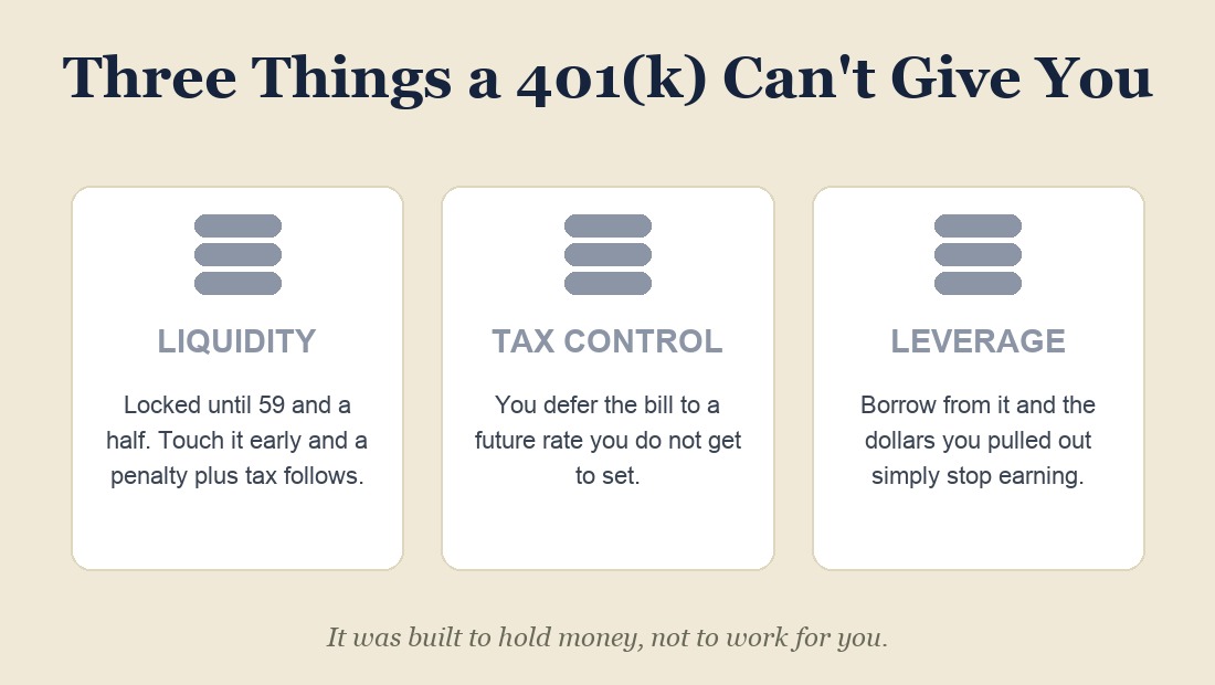 Three things a 401(k) does not give you: liquidity, tax control, leverage.