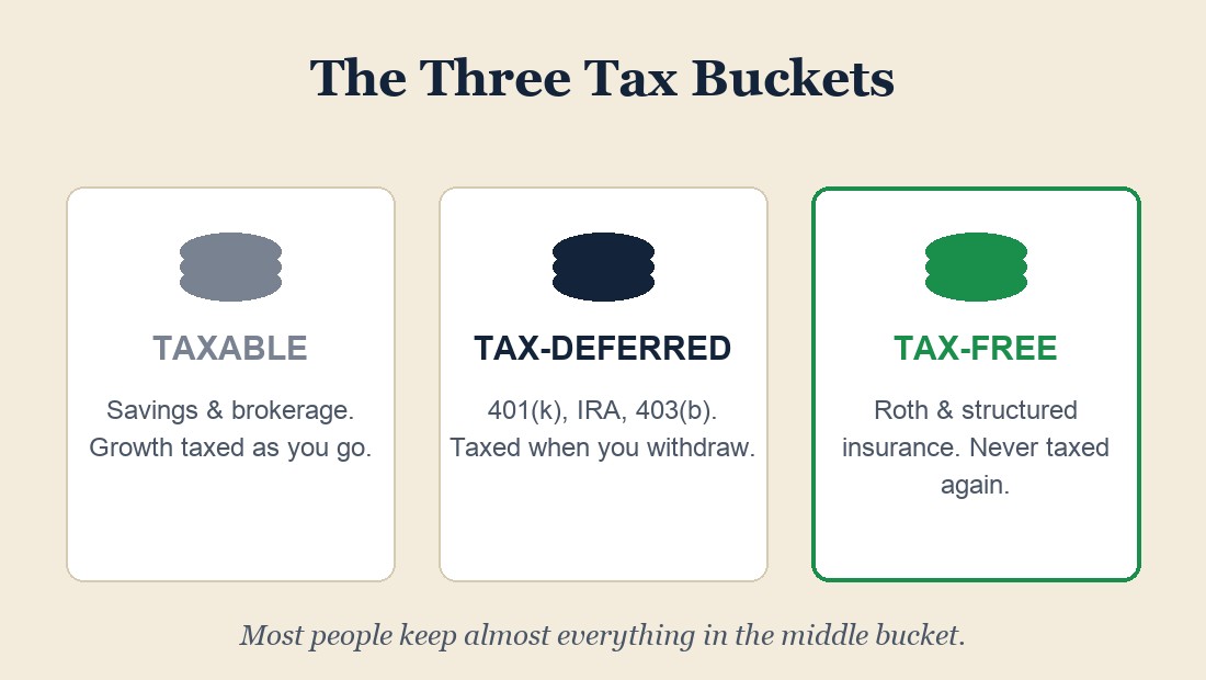 The three tax buckets: taxable, tax-deferred, and tax-free.